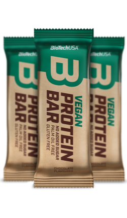 Biotech Vegan Protein Bar (baltyminis batonėlis). Sudėtyje yra ryžių ir žirnių baltymų. Maistinių skaidulų šaltinis. Be pridėto cukraus. Be glitimo. Be palmių aliejaus.