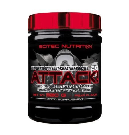 Scitec Attack - prieštreniruotinis kreatino stiprintuvo kompleksas.
