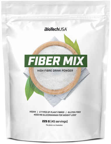 BioTech Fiber Mix. Yra 5 rūšių augaliniai pluoštai; Yra 4 g gliukomananano (iš  leopardinis amorfofalas (amorphophallus konjac) gumbų)); Tinkamas veganams; Be glitimo; Jokių konservantų.