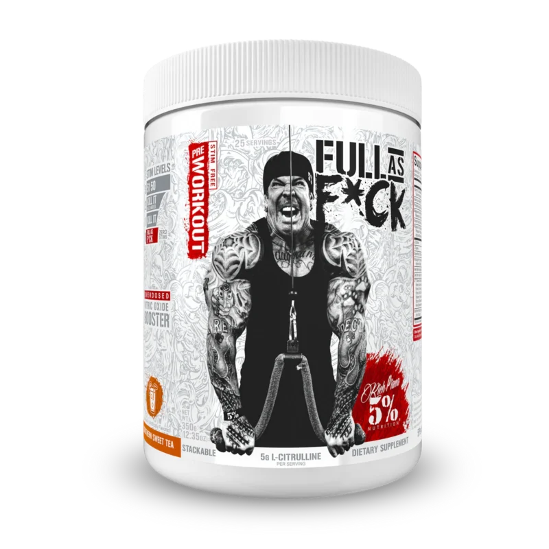 Rich Piana 5% Full As F*ck yra azoto oksido stiprintuvų ir ląstelių apimtį didinančių medžiagų. Jis skirtas padidinti azoto oksido gamybą ir traukti vandenį į raumenis. Tai pagerina ištvermę