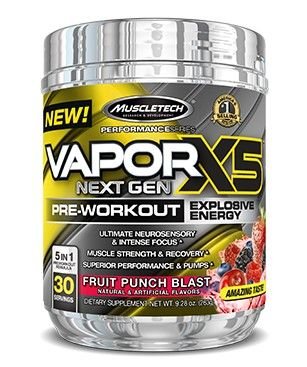 Vapor X5 Next Gen - greitai pajaučiamas ir ilgas veikiantis prieštreniruotinis maisto papildas siekiant užauginti didesnius raumenis