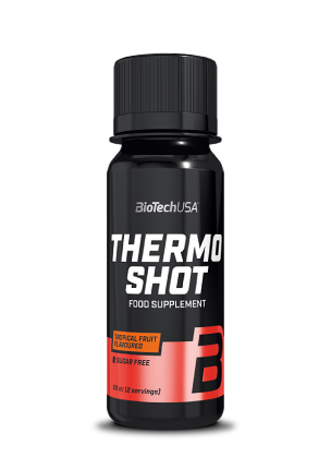 Biotech Thermo Shot. Paruoštas gerti produktas; Su 12 veikliųjų medžiagų; Su 4 skirtingais augalų ekstraktais; Su 1500 mg L-karnitino; Su 92 mg kofeino vienai porcijai; Su cholinu ir inozitoliu; Su kreatinu