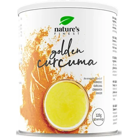 „Nature's Finest“ ekologiški „Curcuma Latte “ gėrimo milteliai. Tai nuo seno žinomas ir vartojamas ajurvedinis gėrimo mišinys