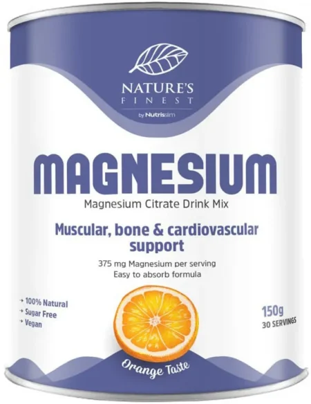 „Nature's Finest“ apelsinų skonio magnis milteliais. Saldinta steviolio glikozidu ir eritritoliu. Tinka vegetarams ir veganams.