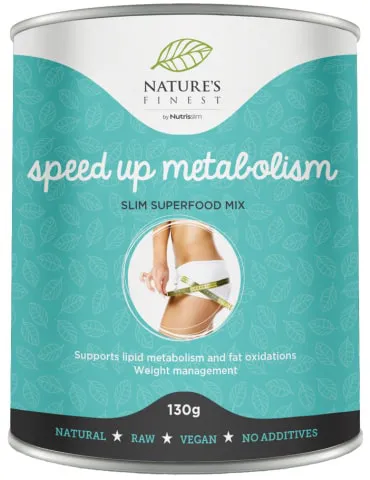 „Nature's Finest“ ekologiškas supermaisto mišinys „Speed Up Metabolism“ yra maisto papildas. Tinka veganams