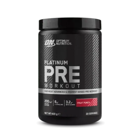 Optimum Nutrition Platinum Pre-Workout – tai prieštreniruotiniai milteliai su kofeinu. Šis mišinys suteiks energijos ir padės sutelkti dėmesį į treniruočių kokybę