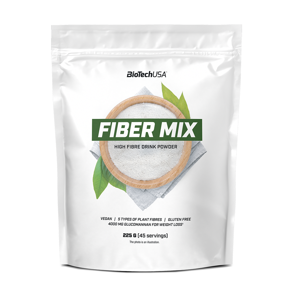 BioTech Fiber Mix. Yra 5 rūšių augaliniai pluoštai; Yra 4 g gliukomananano (iš leopardinis amorfofalas (amorphophallus konjac) gumbų)); Tinkamas veganams; Be glitimo; Jokių konservantų.