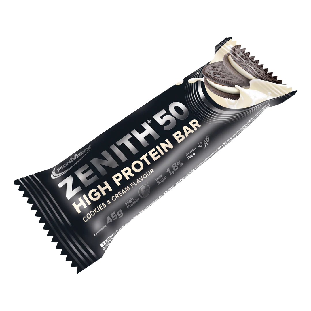 „IronMaxx® ZENITH® 50“ didelio baltymų kiekio batonėlyje yra 23 g baltymų ir daugiausia 1