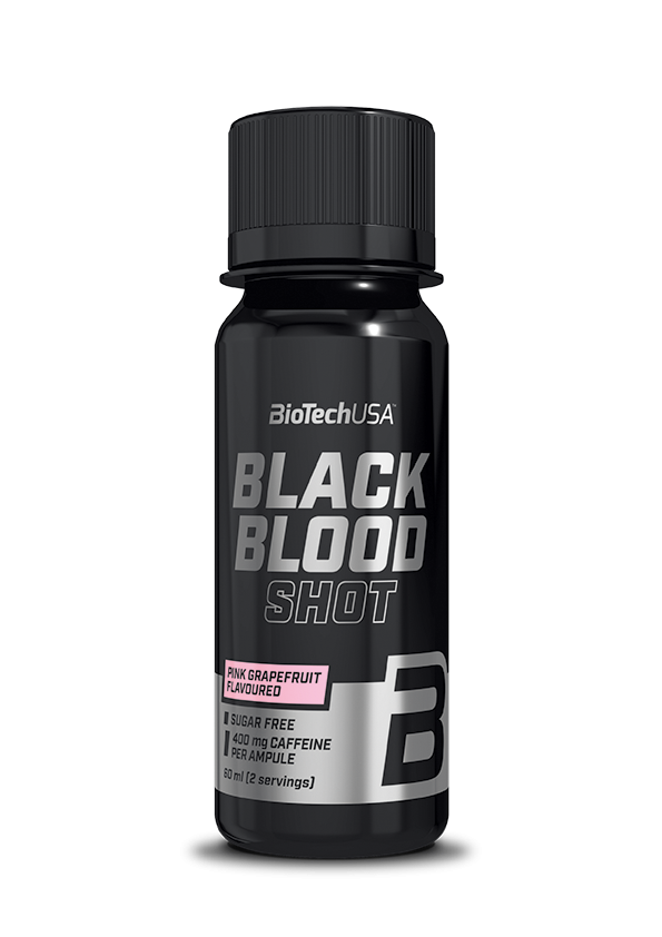 Biotech Black Blood Shot. Paruoštas iškart gerti produktas; Su 5 veikliosiomis medžiagomis; Vienoje porcijoje yra 1500 mg beta-alanino; Su taurinu